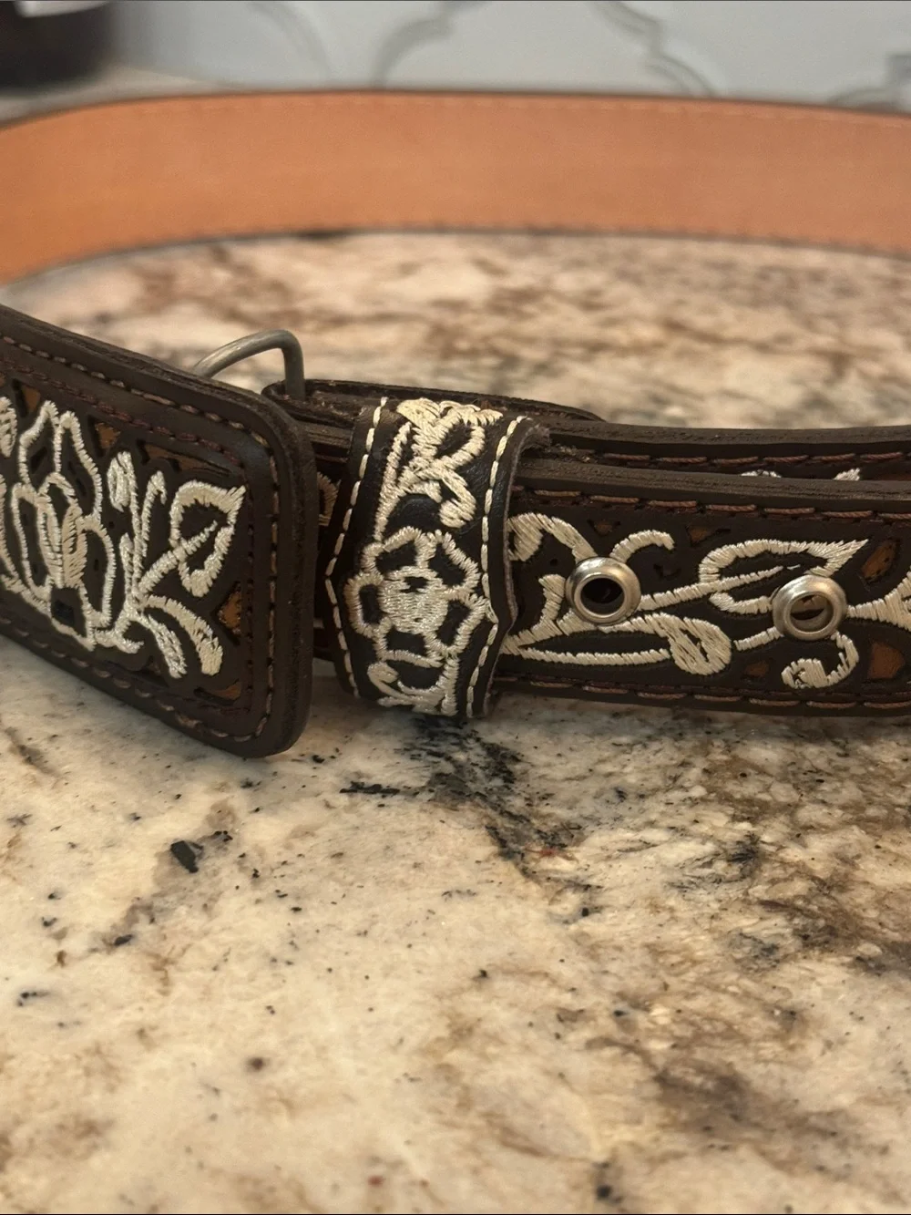 Embroidered Leather Belt in Dark Brown and White